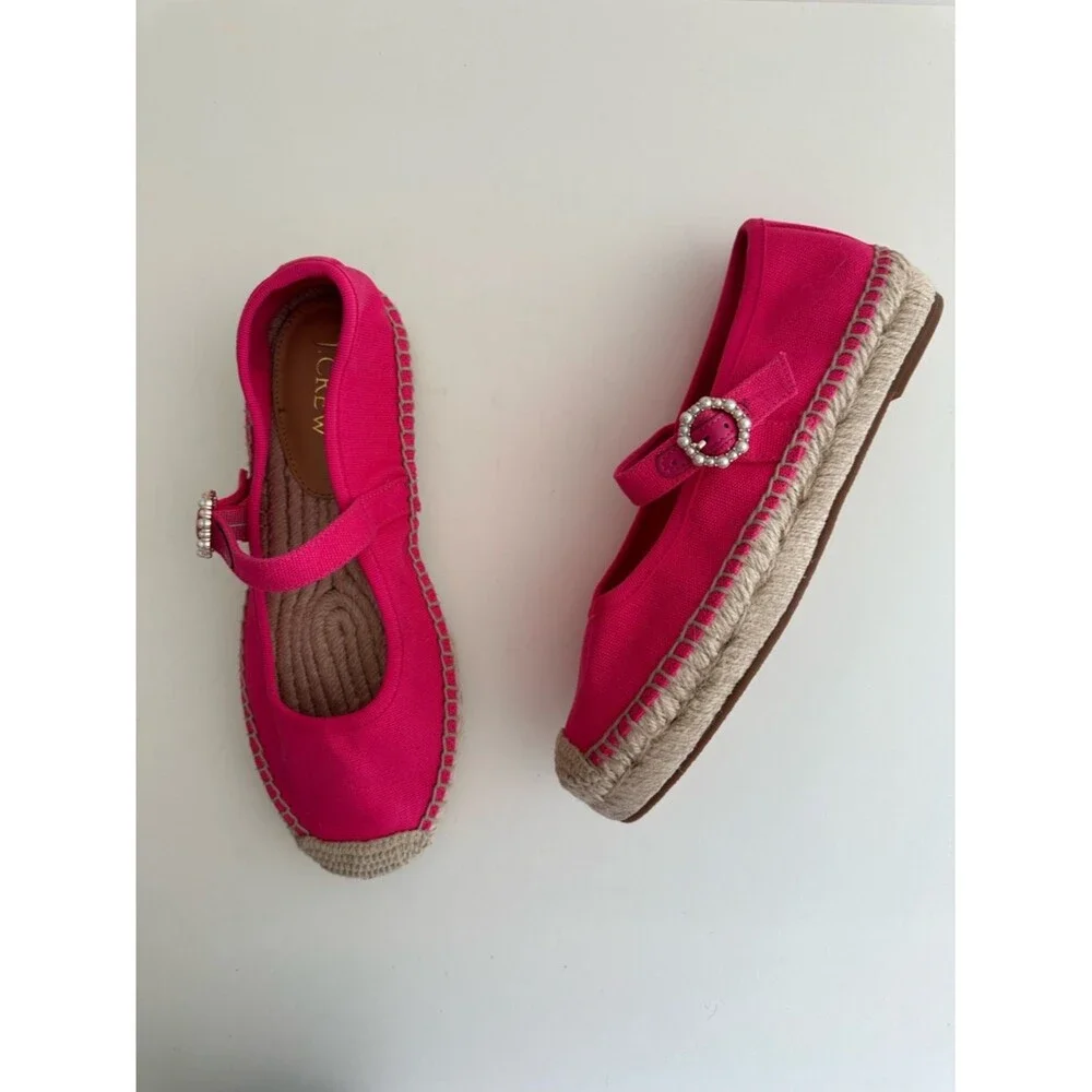 J.Crew Mary Jane Hot Pink Pearl Buckle Espadrille Flats